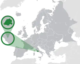 Localização do Vaticano (em verde) no continente europeu (cinza)