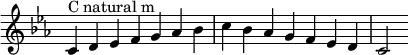 {
\override Score.TimeSignature #'stencil = ##f
\relative c' {
\clef treble \key c \minor \time 7/4
c4^\markup "C natural m" d es f g aes bes c bes aes g f es d c2
}
}