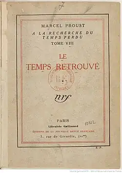 Capa da primeira edição, da Gallimard, de Le Temps retrouvé, de 1927.
