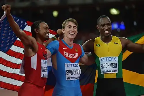 Comemoração dos medalhistas nos 110 m c/ barreiras.