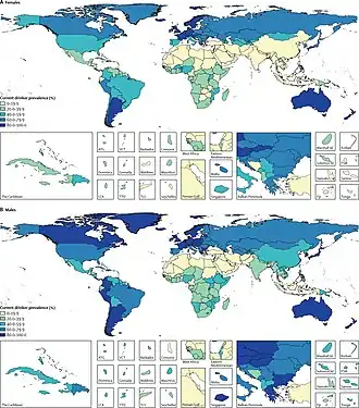 Prevalência padronizada por idade de consumo atual de bebida para mulheres (A) e homens (B), em 2016, em 195 locais.