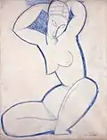 Desenho a lápis azul de uma figura feminina agachada com os braços levantados