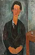 Pintura de um homem de escuro sentado perto de um canto de mesa com um copo
