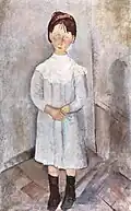 Pintura de corpo inteiro de uma menina com botas e vestido de comprimento médio, um laço no cabelo, ar melancólico