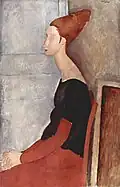 Pintura de perfil de uma mulher sentada com as mãos nos joelhos, totó alto cónico