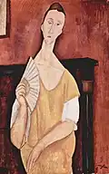 Pintura de uma mulher de amarelo com um leque