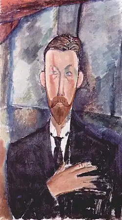 Retrato pintado de um homem de busto com rosto de barba muito alongado, de casaco e gravata, mão direita sobre o coração