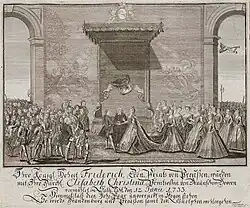 Engraving of a royal wedding with courtiers