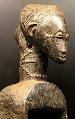 Busto em madeira escura representando de perfil uma figura feminina simplificada