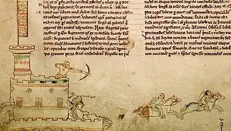 Um desenho nas bordas de um manuscrito de um arqueiro em uma torre atirando em um cavaleiro.