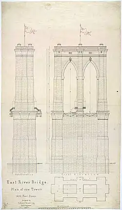 Plano inicial de uma torre da Ponte do Brooklyn, desenhado em 1867