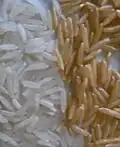 Grãos de arroz branco e arroz integral