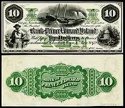 Nota de 10 dólares da Ilha do Príncipe Eduardo (1872). A cédula faz referência à pesca.