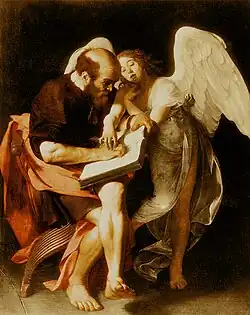 São Mateus e o Anjo, 223 × 183 cm, 1599, primeira versão. Pintura destruída em maio de 1945 (Berlim).