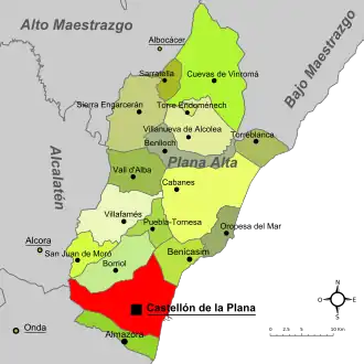 Localização de Castelló na Comarca da Plana Alta