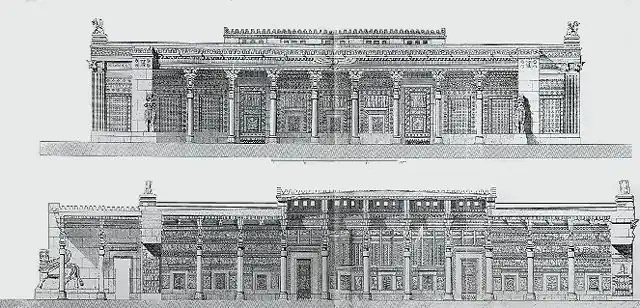 O palácio das 100 colunas reconstituído por Charles Chipiez (1884)
