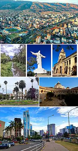 De cima para baixo e da esquerda para a direita: vista aérea de Cochabamba, Rio Rocha, Cristo de la Concordia, Catedral de Cochabamba, Templo El Hospicio, Convento de Santa Teresa e edifícios no noroeste.