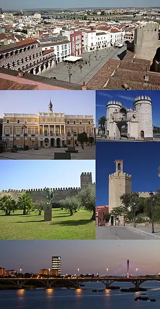 De cima para baixo e da esquerda para a direita: 1)&nbsp;Praça Alta; 2)&nbsp;Ayuntamiento (Praça de Espanha); 3)&nbsp;Porta de Palmas; 4)&nbsp;Estátua de ibne Maruane na Alcáçova de Badajoz; 5)&nbsp;Torre de Espantaperros; 6)&nbsp;Ponte Real, Ponte da Universidade e edifício-sede da Caja Badajoz.