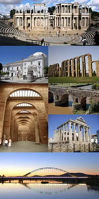 De cima para baixo e da esquerda para a direita: 1.&nbsp;Teatro romano; 2.&nbsp;Hospital de São João de Deus (Assembleia da Estremadura); 3.&nbsp;Aqueduto romano dos Milagres; 4.&nbsp;Museu Nacional de Arte Romana; 5.&nbsp;Ponte romana; 6.&nbsp;Templo de Diana; 7.&nbsp;Ponte Lusitânia