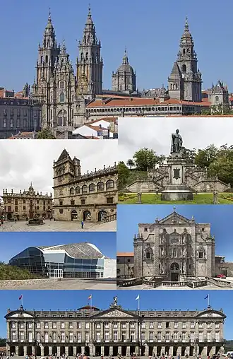 De cima para baixo e da esquerda para a direita: 1)&nbsp;Catedral de Santiago vista de sudoeste (lado da Fachada do Obradoiro; 2)&nbsp;Praça de Praterías; 3)&nbsp;Parque Alameda; 4)&nbsp;Cidade da Cultura da Galiza; 5)&nbsp;Igreja do Mosteiro de São Martinho Pinário; 6)&nbsp;Paço de Raxoi