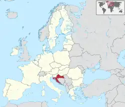 Localização da Croácia (vermelho) na União Europeia (amarelo)