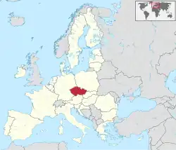 Localização da Tchéquia (em vermelho)No continente europeu (em cinza)Na União Europeia (em branco)