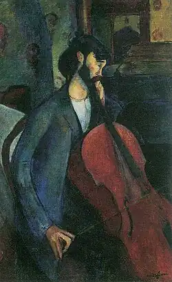 Pintura de um homem sentado de perfil, moreno e barbudo, de casaco, violoncelo numa mão, a outra pousada sobre a coxa