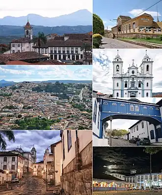 Montagem de fotos de Diamantina; Do alto, em vista horário: Vista do Centro Histórico de Diamantina; Vista da cidade a partir do Cruzeiro; Catedral Metropolitana de Diamantina; Vista aérea do Residencial Jardim Imperial; Rua Macau do Meio e Antiga Estação Ferroviária de Diamantina.