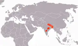 Distribuição atual do tigre-de-bengala.
Regiões da Índia, Nepal, Butão.