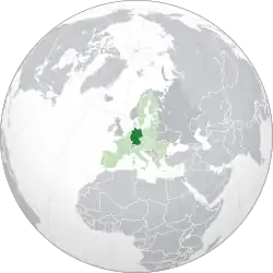 Localização da Alemanha (em verde escuro) na União Europeia (em verde claro)