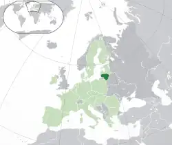 Localização da Lituânia (em verde)No continente europeu (em cinza)Na União Europeia (em verde claro)