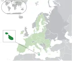 Localização de Malta (em verde)Na União Europeia (em verde claro)No continente europeu (em cinza)