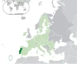 Localização da Madeira (círculo), em Portugal (verde) e na União Europeia (verde-claro)
