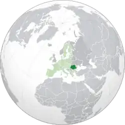 Localização da Romênia (em verde escuro) na União Europeia (em verde claro)