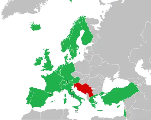Mapa dos países da Europa, Norte da África e Ásia Ocidental mostrando fronteiras em 1992; os participantes regulares do concurso são coloridos em verde, com Jugoslávia coloridos em vermelho