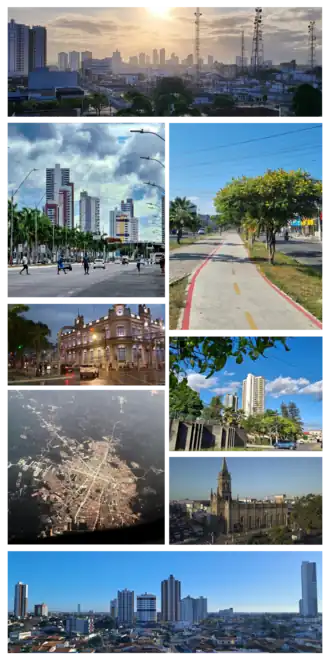 De cima da esquerda para a direita: Panorama urbano de Feira de Santana, Avenida Presidente Dutra, Avenida Fraga Maia, Sede da Prefeitura Municipal da cidade, Bairro Santa Mônica, Vista aérea da cidade à noite, Igreja Senhor dos Passos e vista panorâmica do Bairro Santa Mônica.