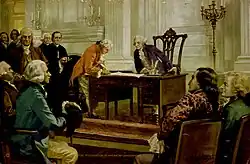 Supportive image of signing of the Constitution with various signers.