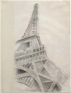 Robert Delaunay, 1926–1928, Torre Eiffel, lápis Conté sobre papel, 62,3 × 47,5 cm, Museu Solomon R. Guggenheim, Nova York, Coleção Hilla Rebay