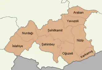 Mapa dos distritos da província de Gaziantepe