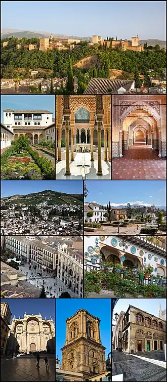 De cima para baixo e da esquerda para a direita: 1)&nbsp;palácio da Alhambra; 2)&nbsp;Generalife; 3)&nbsp;Pátio dos Leões; 4)&nbsp;Sala dos Reis; 5)&nbsp;vista dos bairros históricos do Albaicín e do Sacromonte; 6)&nbsp;Huerto del Carlos, com a Alhambra e a Serra Nevada ao fundo; 7)&nbsp;Plaza Nueva; 8)&nbsp;fachada no Albaicín; 9)&nbsp;fachada da catedral; 10)&nbsp;campanário da catedral; 11)&nbsp;Capela Real