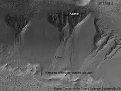 Grupo de ravinas na parede norte de uma cratera que se encontra a oeste da cratera Newton (41.3047 graus de latitude sul, 192.89 longitude leste), na região do Quadrângulo de Phaethontis. Imagem fotografada pela Mars Global Surveyor.