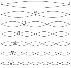 Sete cordas vibrando com os extremos em 0 e 1. A primeira corda possui uma frequência de 1, a segunda de 2 e assim por diante.
