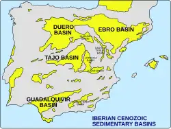 Bacias sedimentares cenozoicas Ibéricas, em específicos Bacia do Douro, Bacia do Tajo, Bacia do Guadalquivir e Bacia do Ebro. Estão em destaque na cor amarela.