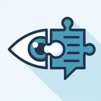  Ícone de olho se encaixando em um ícone que mistura um balão de fala e uma peça de quebra-cabeça