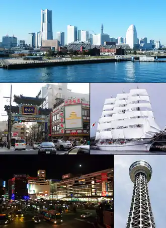 Do topo, à esquerda: Panorama de Minato Mirai 21, Yokohama Chinatown, Nippon Maru, Estação de Yokohama, Torre Marinha de Yokohama.