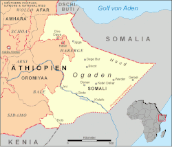 Mapa da Etiópia (em alemão) com a região da Somália, Ogadênia e Ogadênia – as províncias anteriores a 1995 em cinza, as regiões contemporâneas em vermelho.