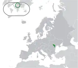 Localização da Moldávia (em verde)
Região da Transnístria (em verde claro)No continente europeu (em cinza escuro)