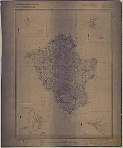 Mapa do município de Itaúna, datado de 1934. Notam-se os insertos referentes a Itaúna, Carmo do Cajuru, Itatiaiussú, na grafia da época, e Itaguara. Reparando a ilustração, é possível ver que a rua mais ocidental de Itaúna era a atual Rua Santana, a qual se localiza no bairro das Graças.