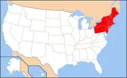 As definições regionais variam de fonte para fonte. Este mapa reflete o nordeste dos Estados Unidos conforme definido pelo Census Bureau.