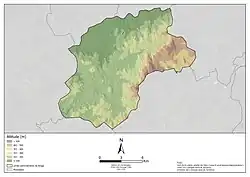 Mapa do relevo do município de Braga em 6 classes de 100 metros, entre a classe menor e igual a 100 até à classe maior de 500 metros.